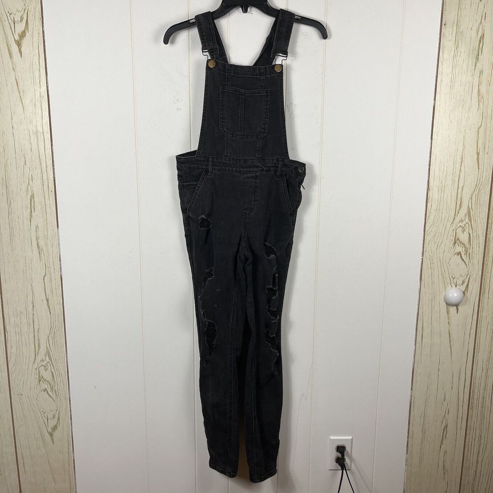 Dollhouse Juniors Women Denim Bib Overalls 7 30x28 Black Distressed Jean Skinny
